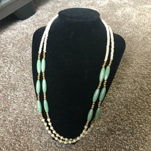 White, Teal and Gold Beaded Necklace